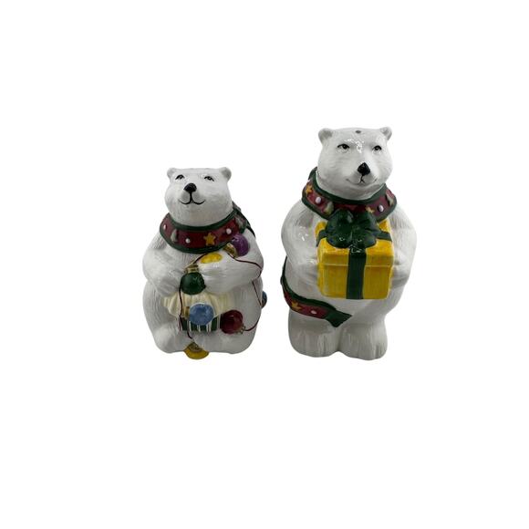 Festive Polar Bear Salt & Pepper Shakers Holiday Duo with Presents & Ornaments - Picture 1 of 4